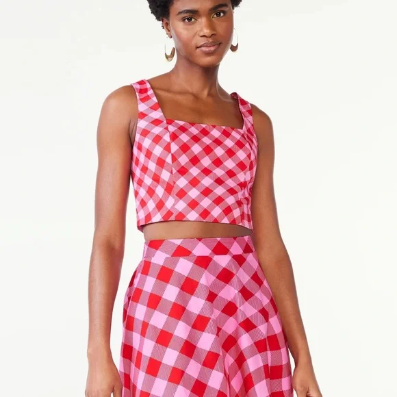 Scoop Skirt Crop Top Set Pink Red Checkered Picnic Summer XL - Picture 3 of 14